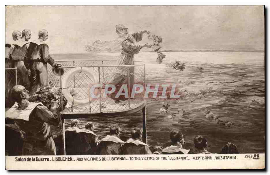 CPA Bateau Salon de la guerre Boucher Aux victimes du Lusitania Militaria