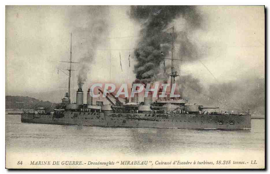 Dreadnought "Mirabeau" — cuirassé d'escadre à turbines, 18.318 tonnes — LL