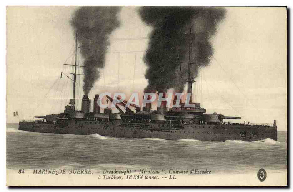 Dreadnought "Mirabeau" — Cuirassé d'Escadre à Turbines, 18 318 tonnes — LL