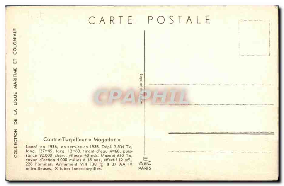 CPA Bateau Contre torpilleur Mogador Haffner — Verso