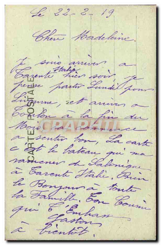 Bateau auxiliaire "Odessa" — Campagne d'Orient 1914-18 — Éditeur : E. Grotanaz, 54 Rue Massenet, Marseille — Achterkant