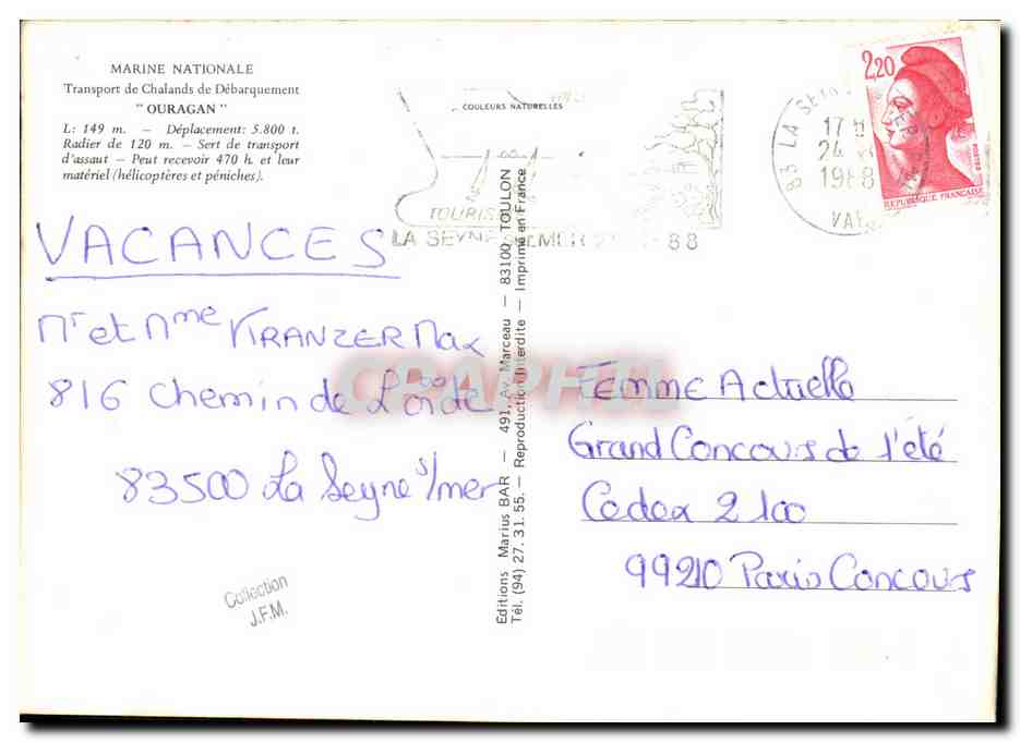 Transport de Débarquement "OURAGAN" — L9021 — Éditions Marius BAR — Verso