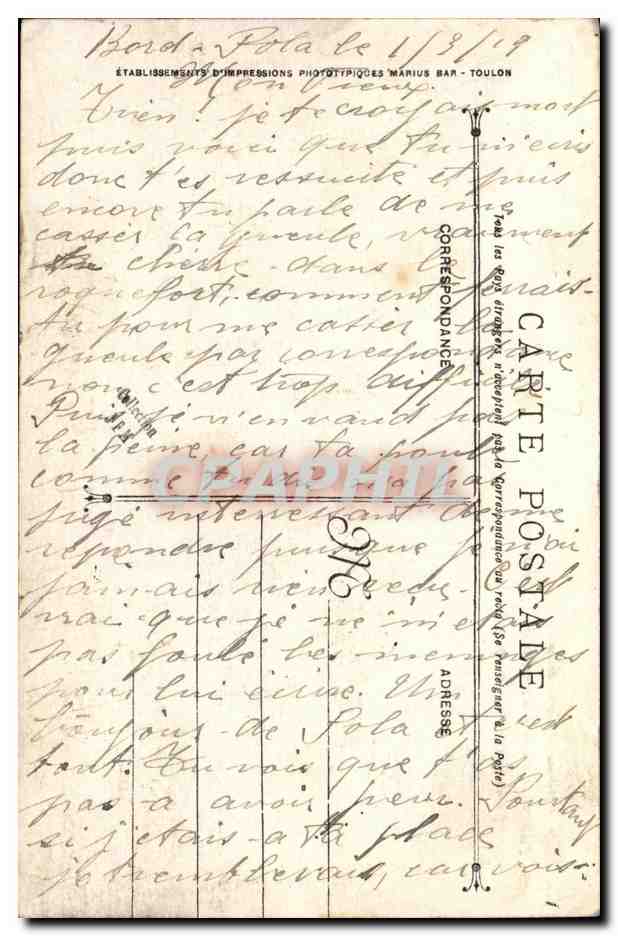 Cuirassé Paris — Marine Militaire Française — Éditeur Marius Bar, Toulon — Verso