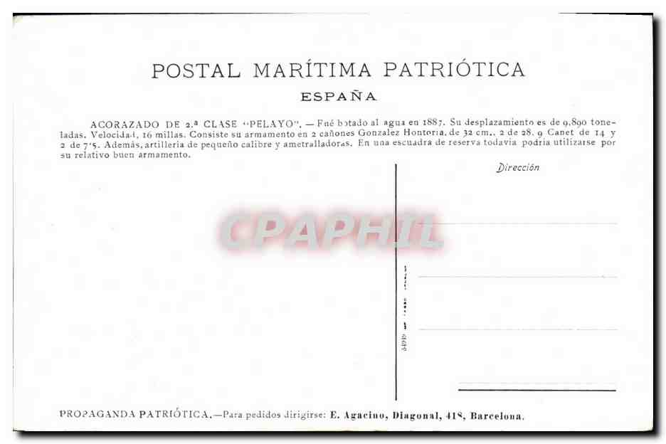 CPA Bateau Guerre Acorazado Pelayo — Verso
