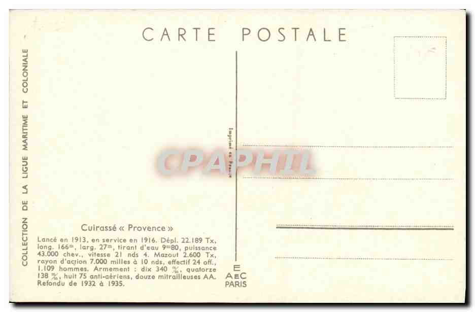 CPA Bateau Guerre Haffner Cuirasse Provence — Verso