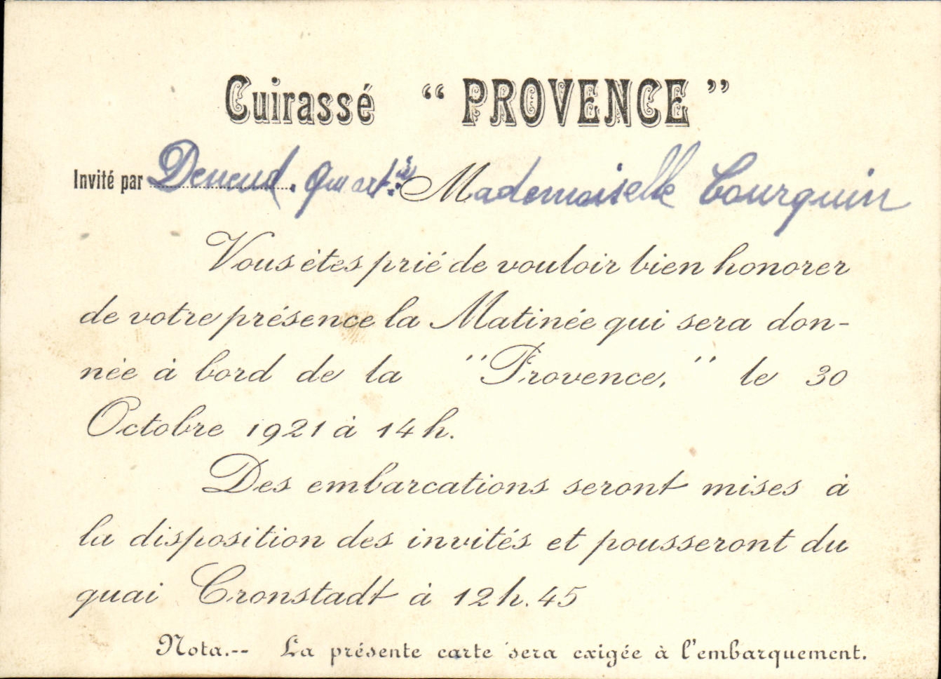 Invitation Cuirasse Provence Cuirasse Bateau de guerre Deneud invitation Mlle Le Tourquin Octobre 1921