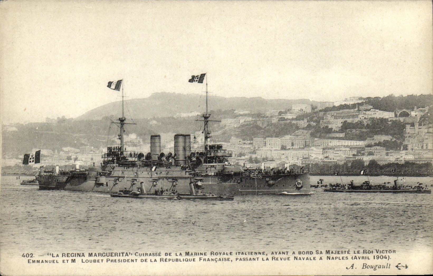 CPA Bateau Guerre La regina Marguerita cuirasse de la marine royale italienne a son bord le roi Victor Emmanuel et Loube