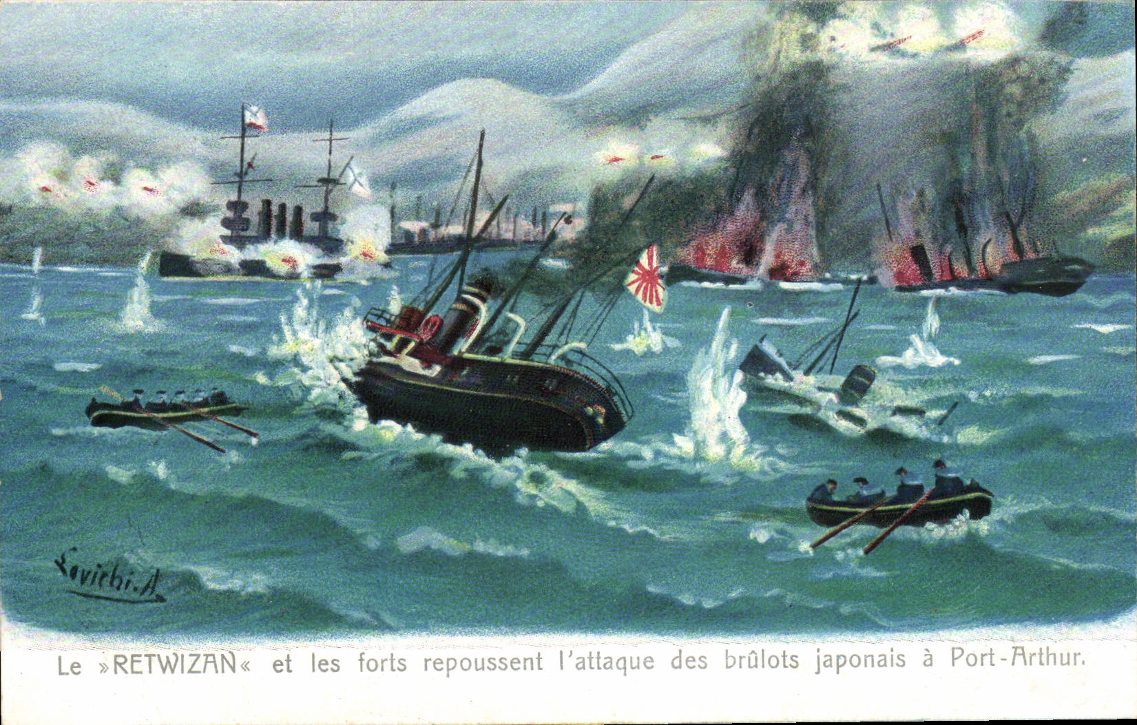 CPA Bateau Guerre Le Retwizan et les forts repoussant l attaque des brulots japonais a Port ARthur Coree Militaria 