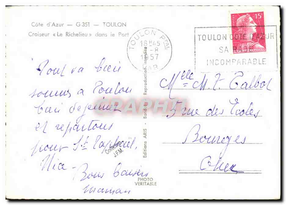 CPM Bateau Guerre Le Richelieu dans le port de Toulon  — Verso