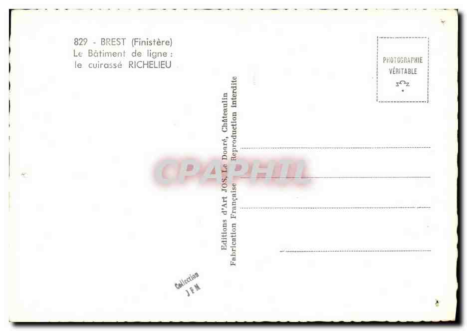 CPM Bateau Guerre Brest le batiment de ligne Richelieu Cuirasse — Verso