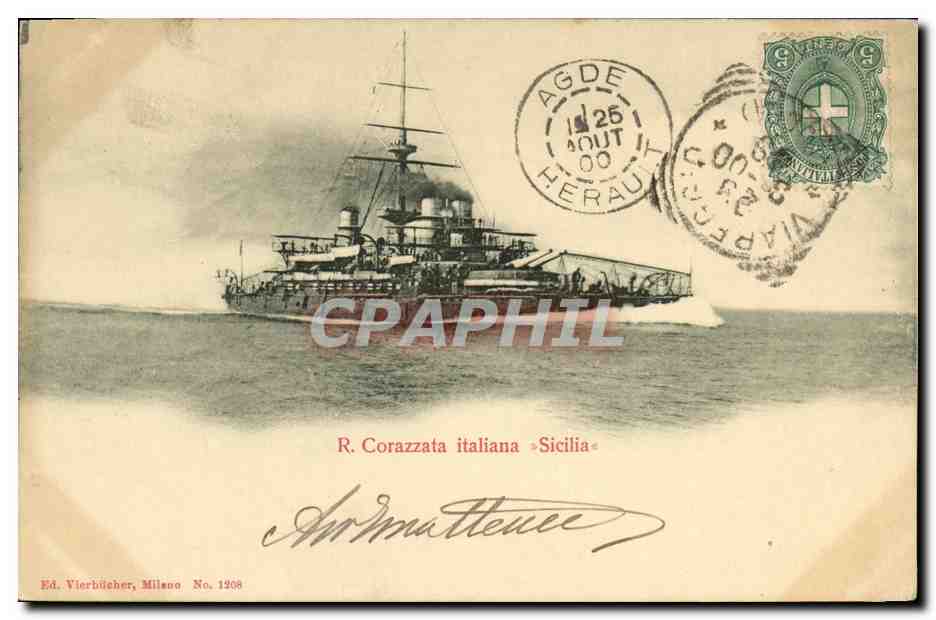 Bateau de guerre italien « Sicilia » — Éd. Vierbûcher, Milano, No. 1208