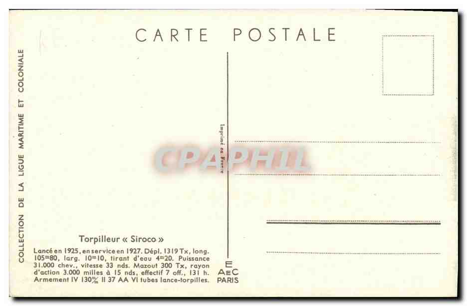 CPA Bateau Guerre Torpilleur Siroco Haffner — Verso