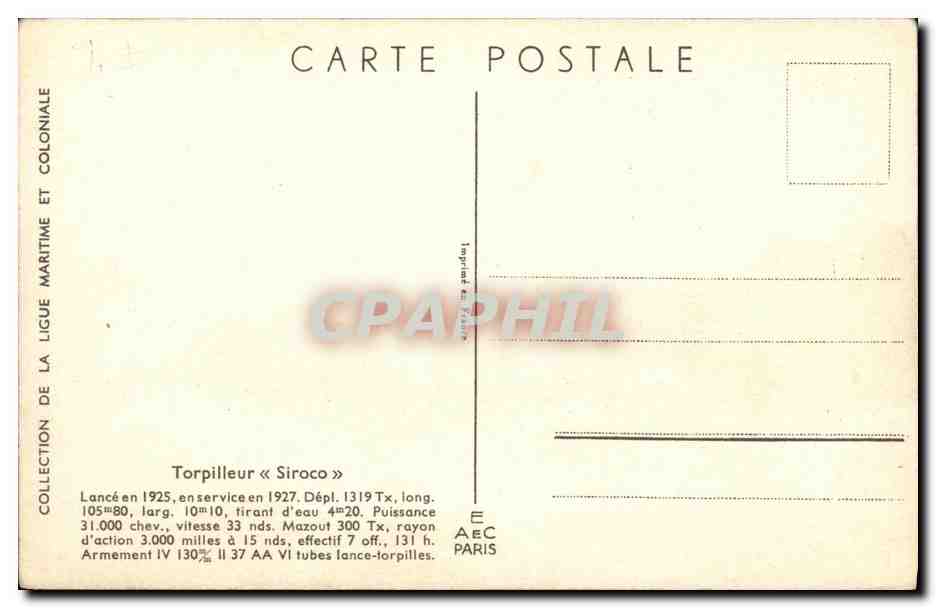 CPA Bateau Guerre Torpilleur Siroco Haffner — Verso