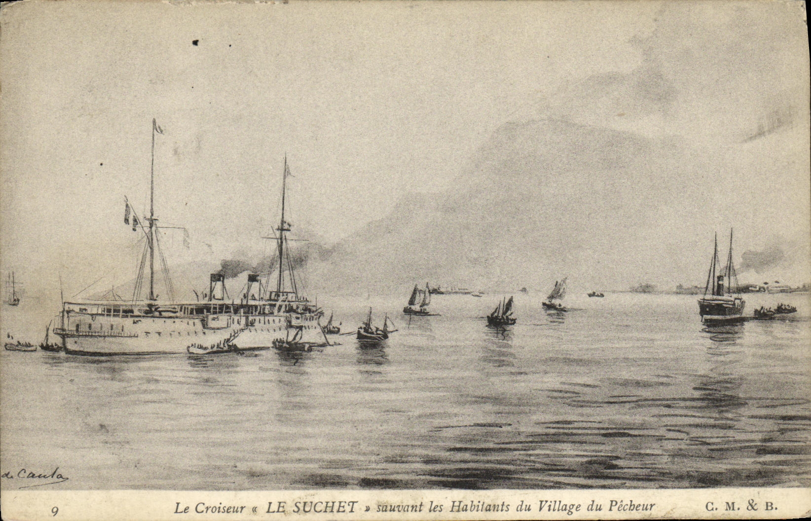 CPA Bateau Guerre Le croiseur Le Suchet sauvant les habitants du village du pecheur 