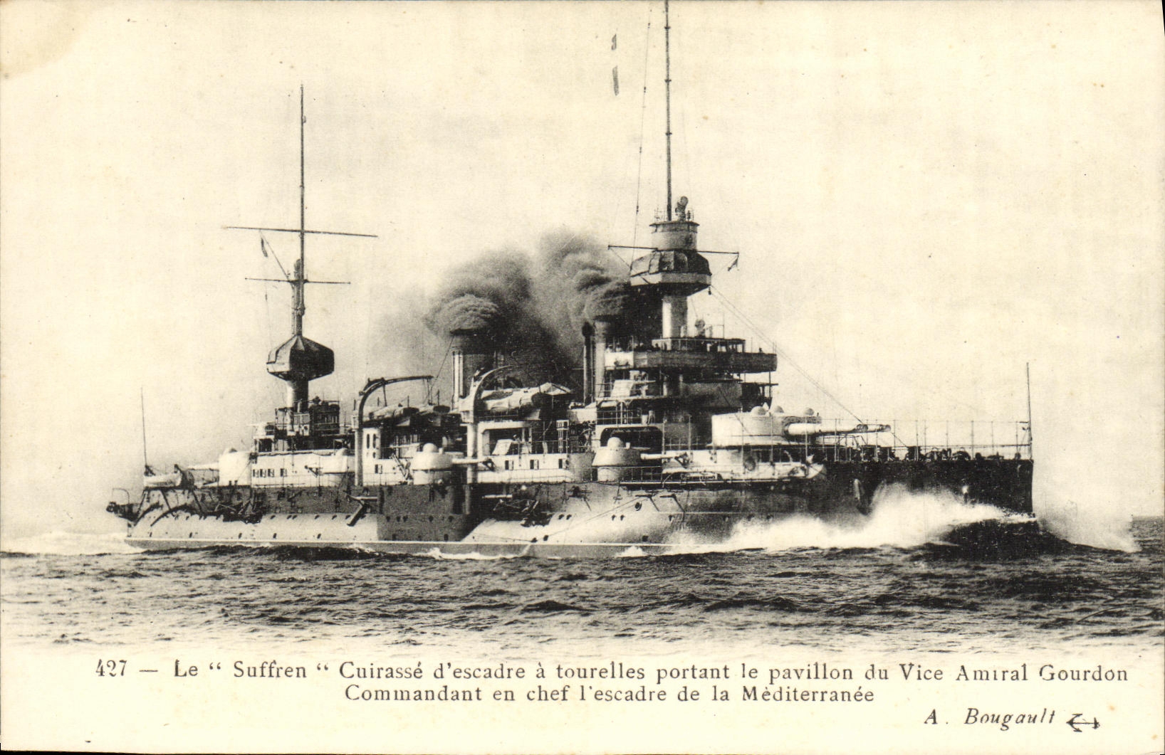 CPA Bateau Guerre Le Suffren cuirasse d escadre a tourelles portant le pavillon du vice amiral Gourdon commandant 