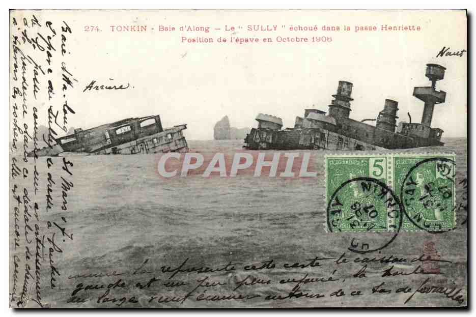 Tonkin - Baie d'Along - Le "SULLY" échoué dans la passe Henriette - Position de l'épave en Octobre 1905
