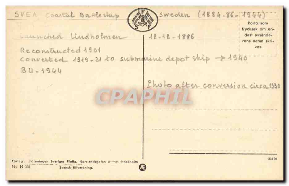 CPA Bateau Guerre Depafaurtyget Svea Suede Svenska — Verso