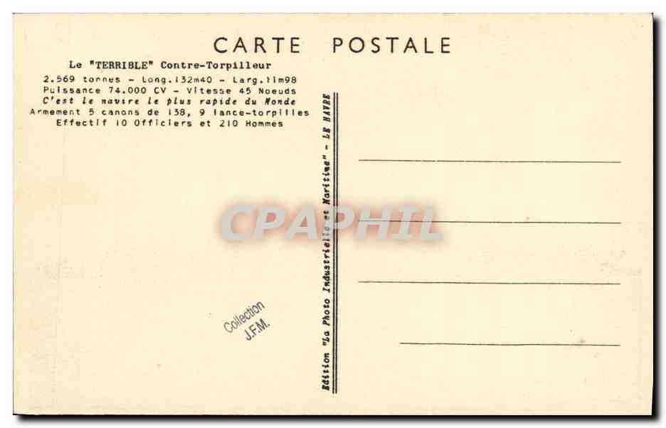 CPA Bateau Guerre Le Terrible Contre torpilleur — Verso