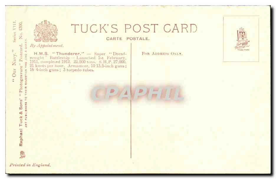 H.M.S. "Thunderer" — Super Dreadnought Battleship — Tuck's Post Card, Series VIII, No. 4300 — Reverso