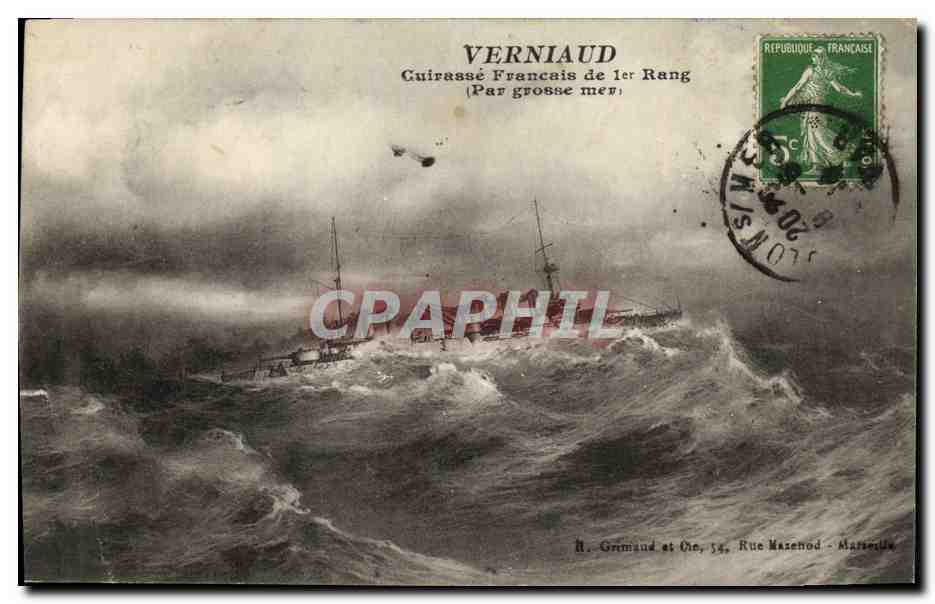 CPA Bateau Guerre Verniaud Cuiraasse francais de 1er rang par grosse mer