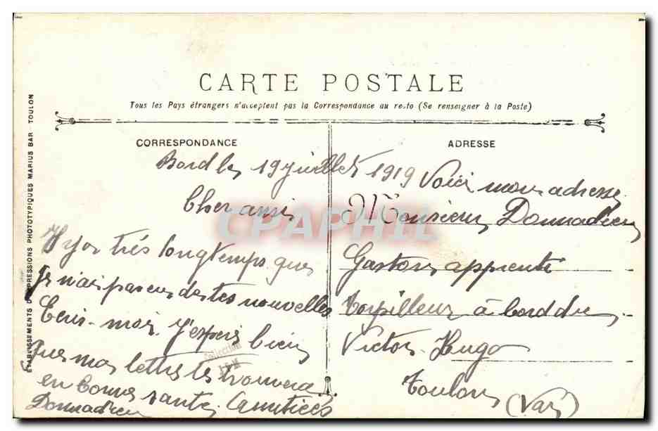 Victor Hugo — Croiseur Cuirassé — Marine Militaire Française — Verso