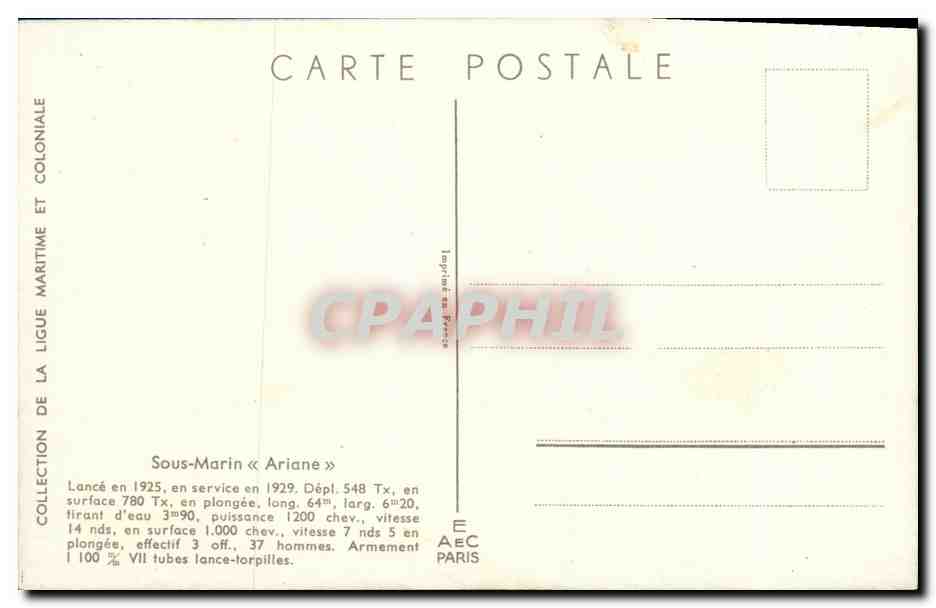 CPA Bateau Guerre Sous marin Ariane Haffner — Verso