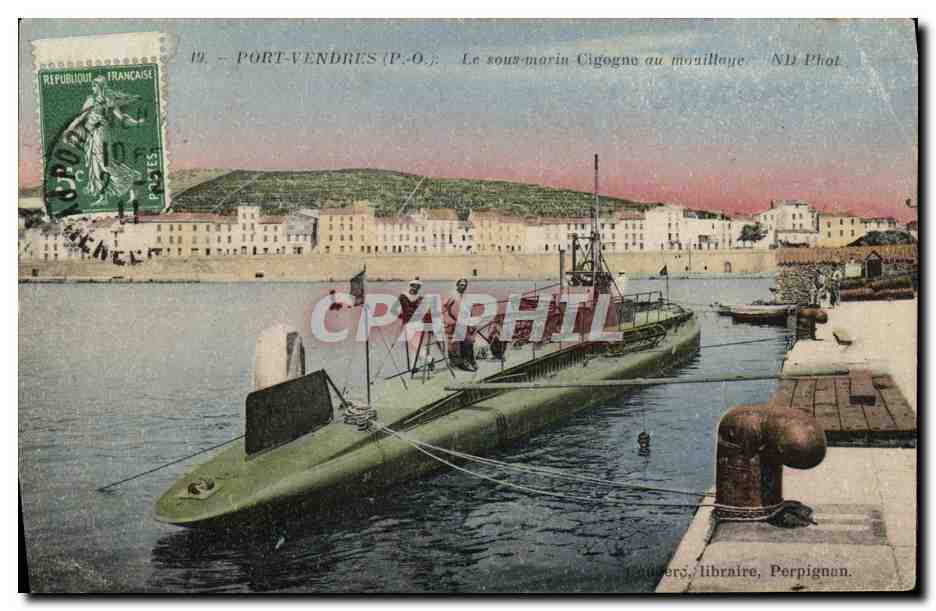 Port-Vendres (P.-O.) — Le sous-marin Cigogne au mouillage — ND Phot. / Éditeurs : 'L'Éditeur, Libraire, Perpignan'