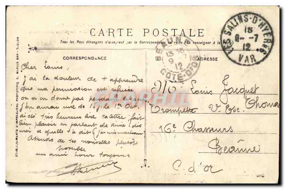 Sous-marin CIGOGNE — Marine Militaire Française — Phototypie Marius Bar — Toulon — Verso