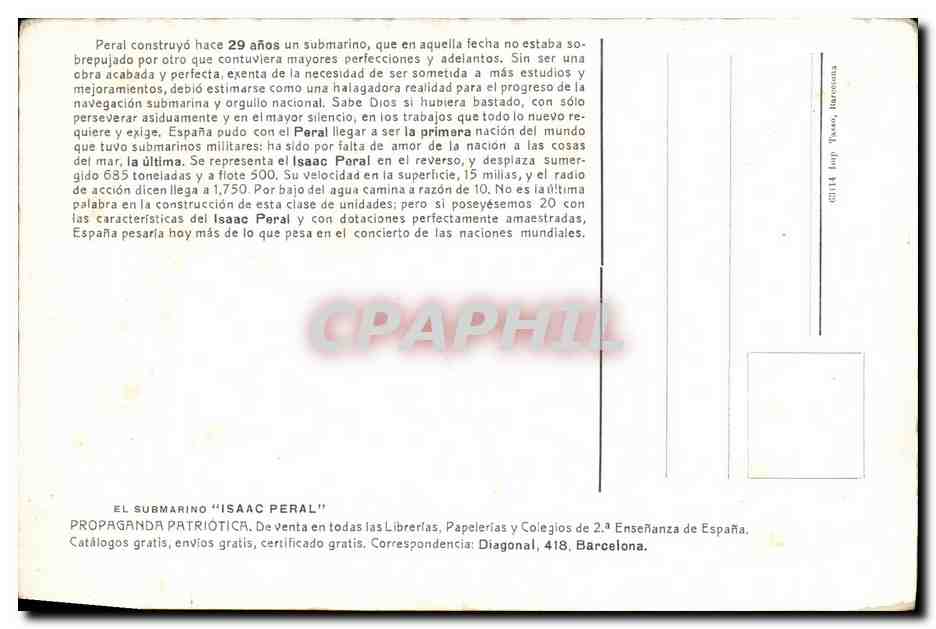 Submarine Isaac Peral — 1919 — Éditeur: C. P. T. Barcelona — Reverso