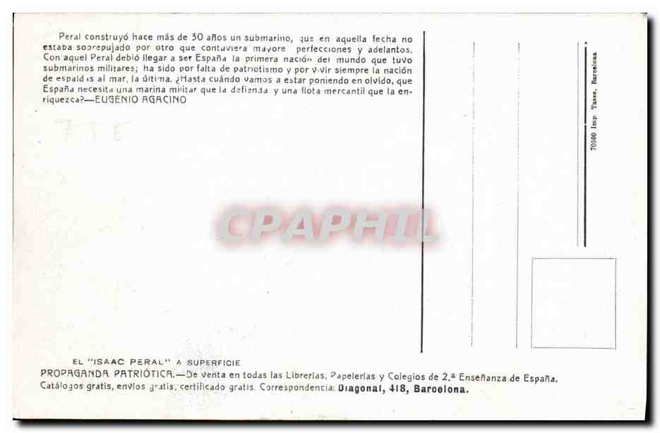 Sous-marin Isaac Peral — Éditeur Imp. Tasso, Barcelone, n° 70500 — Verso