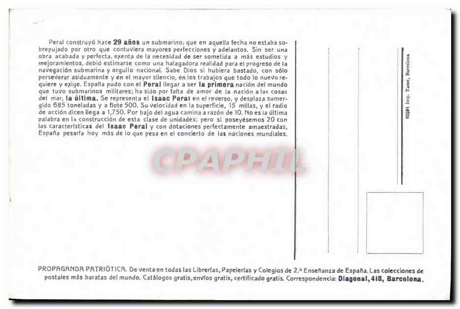 CPA Bateau Guerre Sous marin Isaac Peral Espagne Sumarino — Verso