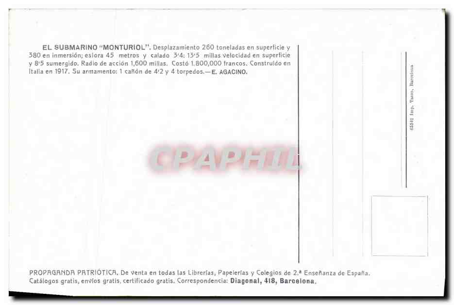 CPA Bateau Guerre El Sumarino Monturiol Espagne Sous marin — Verso