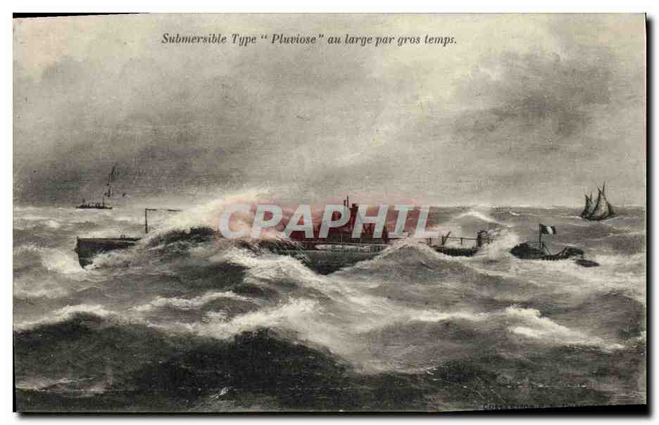 CPA Bateau Guerre Submersible type Pluviose au large par gros temps Sous marin 