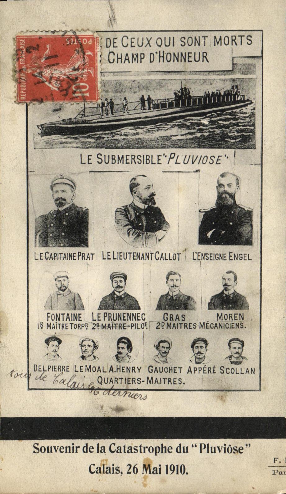 Le Submersible "Pluviose" — Souvenir de la Catastrophe du "Pluviose" — Calais, 26 Mai 1910