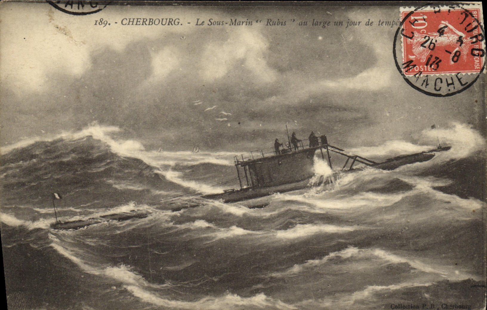 Cherbourg — Le Sous-Marin "Rubis" au large un jour de tempête — Éditeur anonyme, n° 189