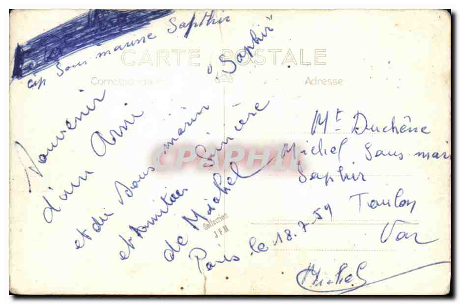 CPA Bateau Guerre Cherbourg Sous marin Saphir  — Verso