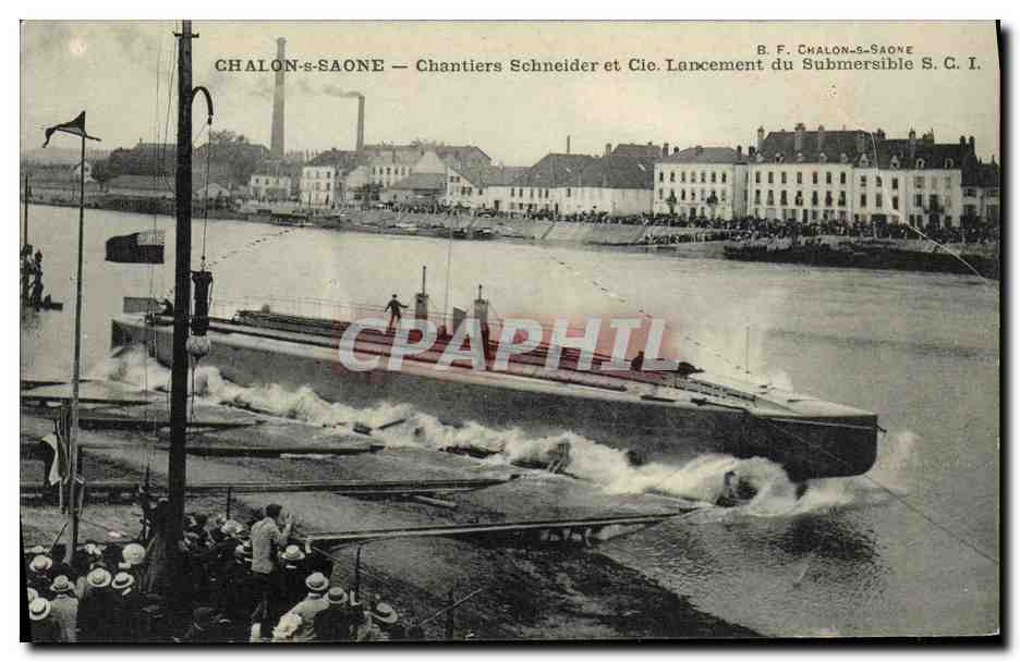 Chalon-sur-Saône — Scheepswerf Schneider en Cie. Lanceren van het onderzeeboot S. C. I.