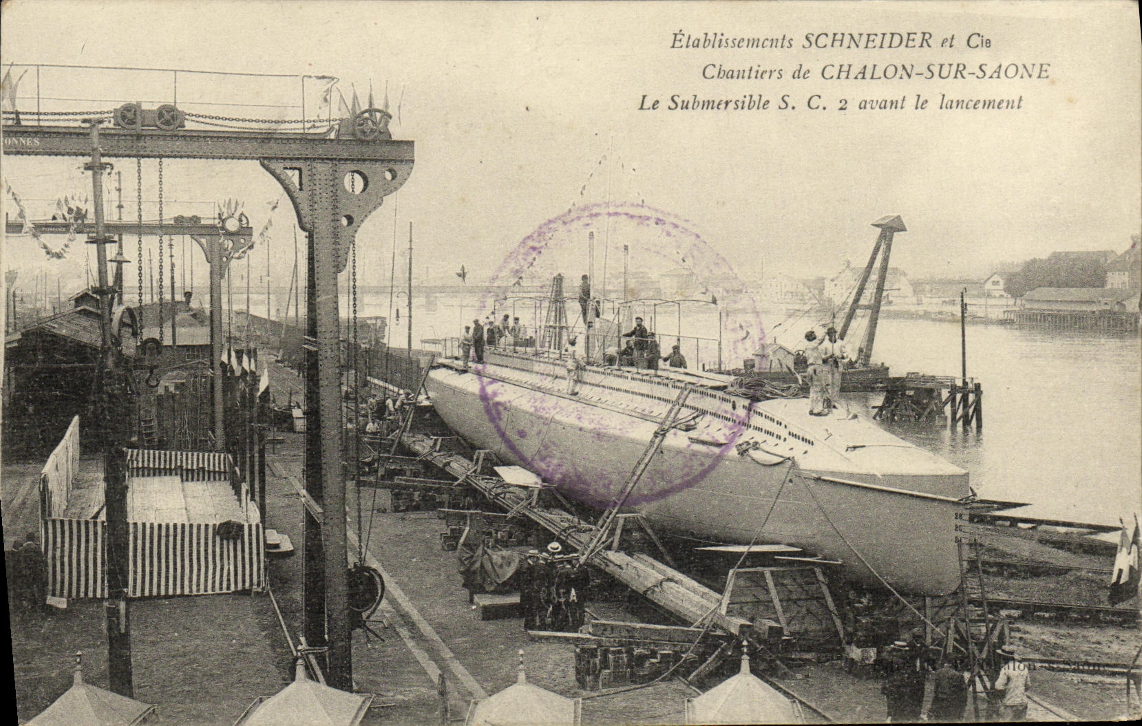 Schneider en Cie — Het onderzeeboot S.C. 2 voor de lancering — Chalon-sur-Saône