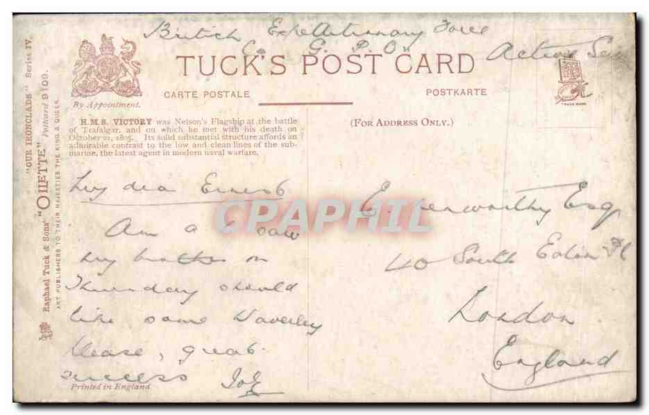 CPA Bateau Guerre Belsons Victory and the latest submarine Sous marin  — Verso