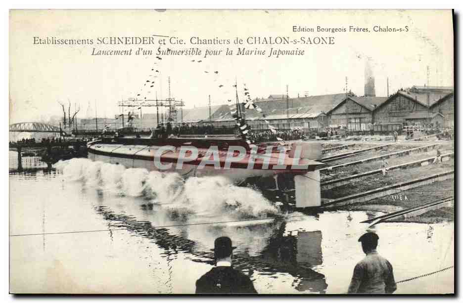 Lancio di un sottomarino per la Marina Giapponese — Etablissements SCHNEIDER et Cie, Cantiere di CHALON-s-SAONE — Edizione Bourgeois Frères, Chalon-s-S