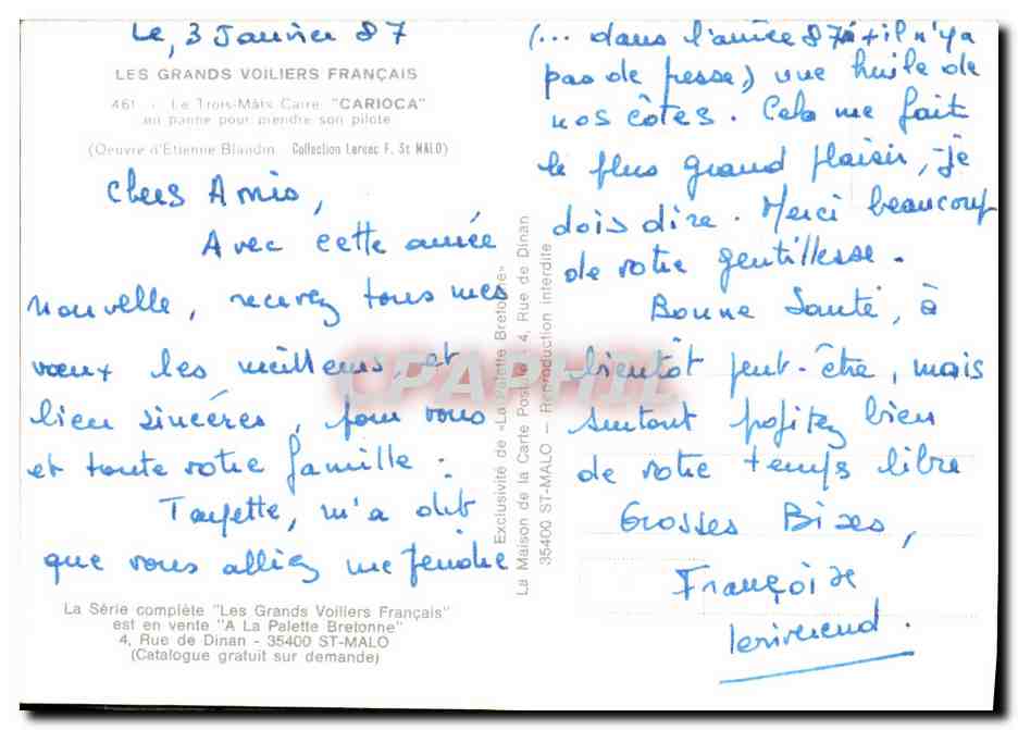 CPM Bateau Le trois mats Carre CArioca en panne pour prenre son pilote  — Verso