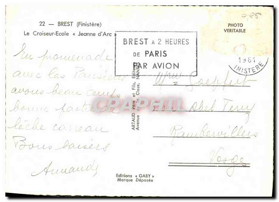 CPM Bateau Guerre Croiseur Ecole Jeanne d arc — Verso