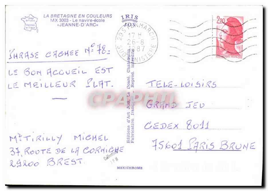 Jeanne d'Arc — Navire École — Éditions d'art Jos — Verso