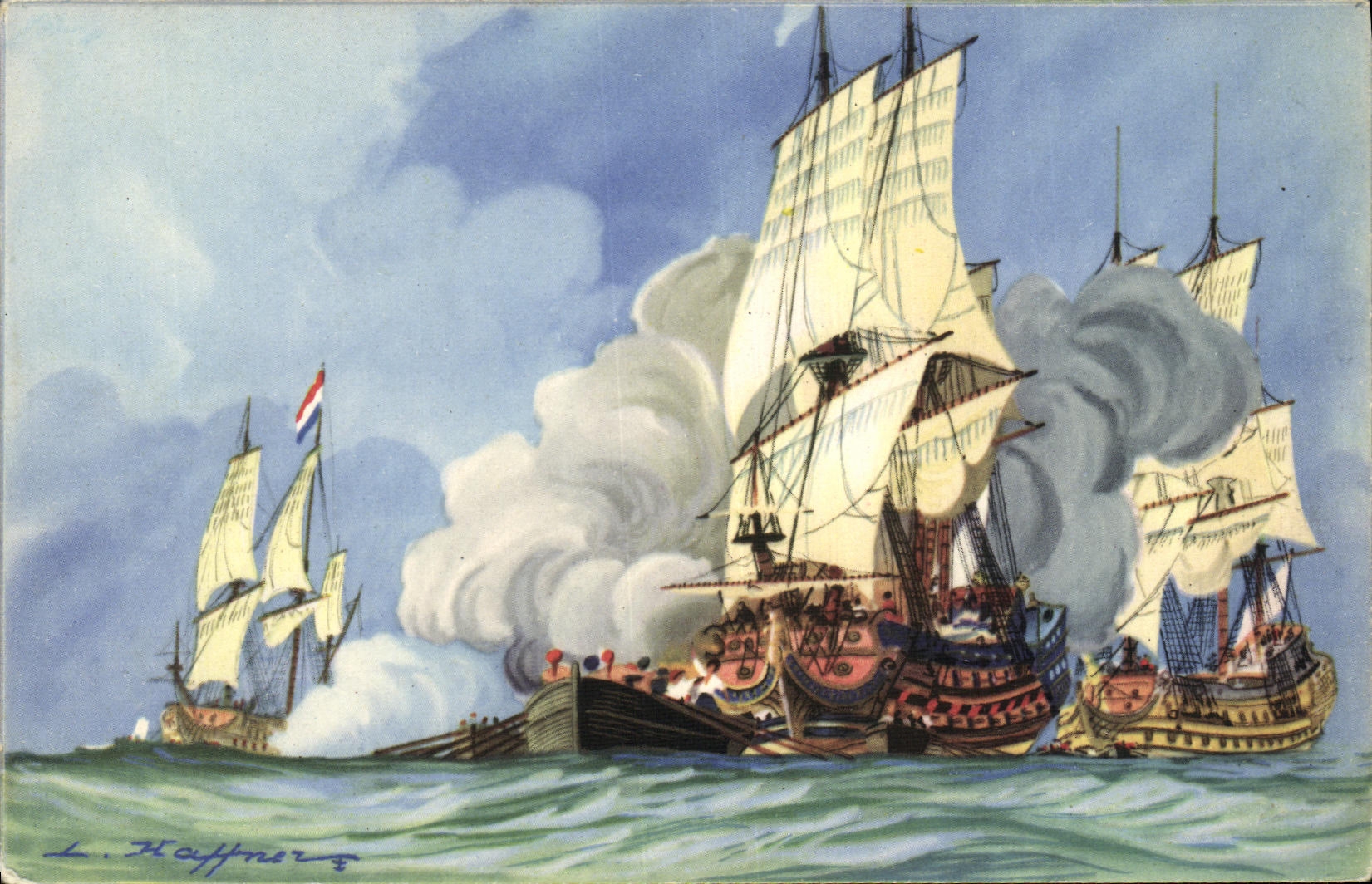 CPA Bateau Guerre Debut de la btailla de Beveziers Haffner