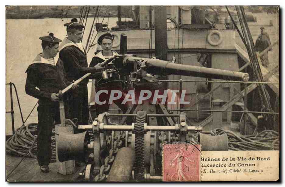 CPA Bateau Scenes de la vie de bord Exercice de canon 