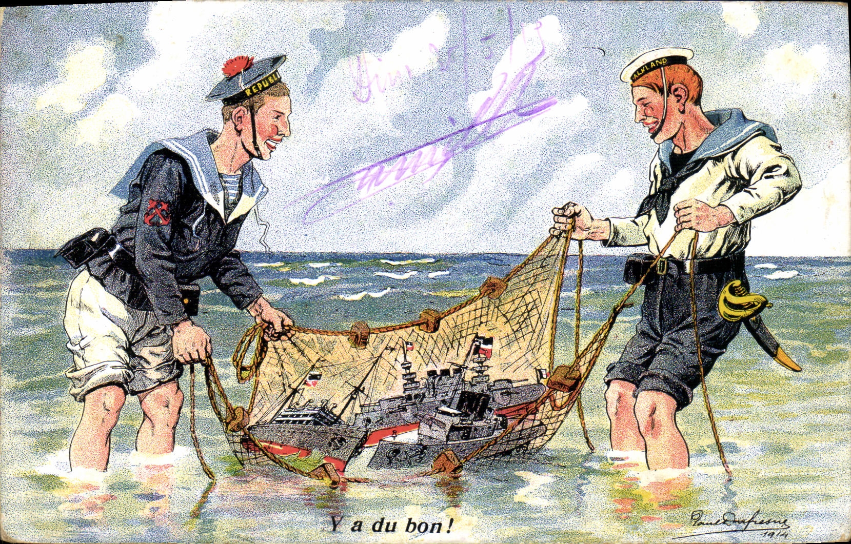 Deux marins pêchant un navire — Paul Dufleurs — 1914
