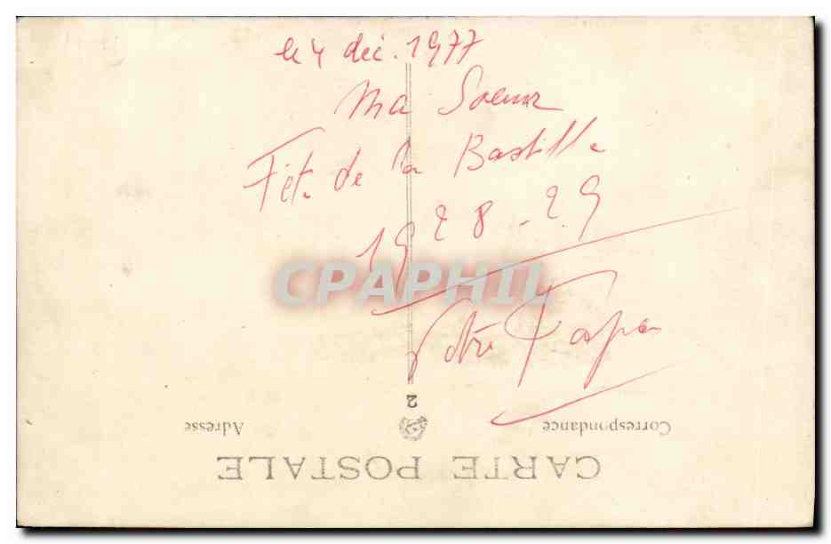 Three people in sailor uniforms in a car — Postcard from 1928 — Back