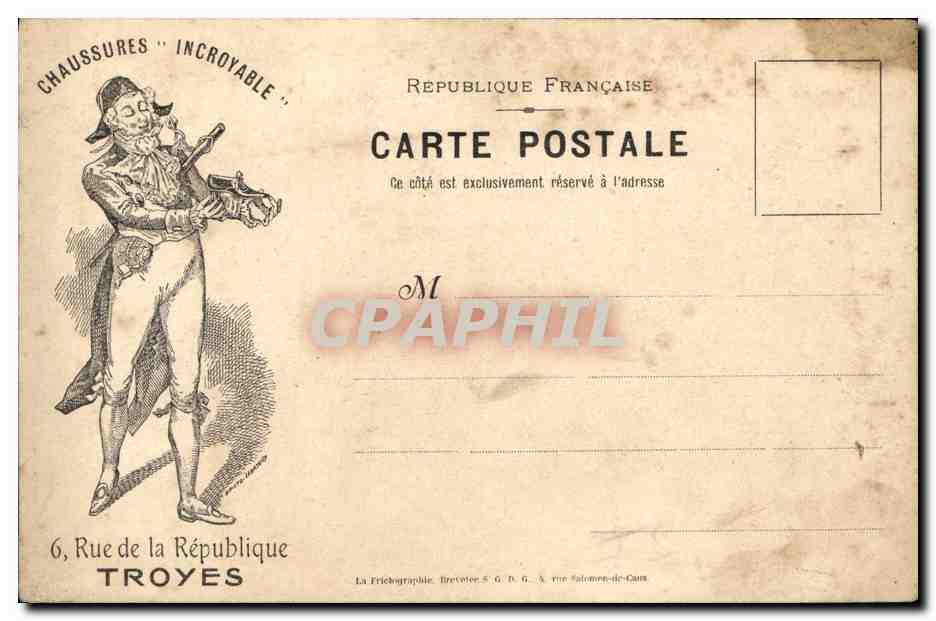 CPA Bateau Guerre A bord Publicite Chaussures Incroyable Troyes Rue de la republique — Rückseite