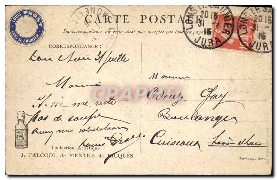 CPA Bateau Guerre Front des Flandres Quelques gouttes d alcool Marins Menthe de Ricqles — Rückseite