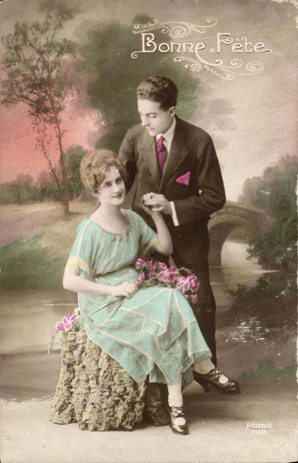 Jeune couple — scène de jardin avec pont — éditeur Furia, n° 1181